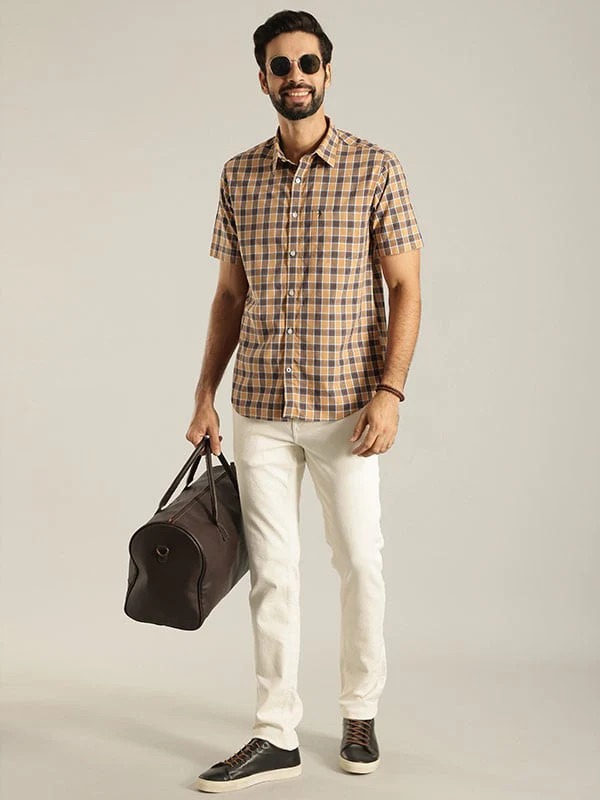 Indian Terrain Men's Slim Fit Half Sleeve Checkered Khaki Shirt